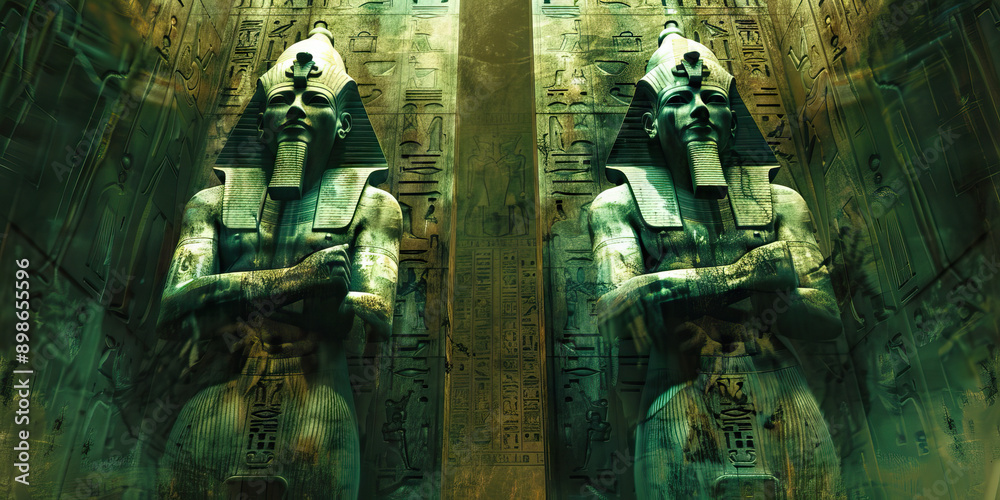 Guardians of the Pharaohs: Two massive statues of ancient deities, standing sentinel at the entrance to a long-lost tomb. Guardians of the Pharaohs: Two massive statues of ancient deities, standing sentinel at the entrance to a long-lost tomb.