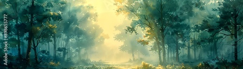 Sunbeams pierce through a misty forest, creating a magical atmosphere. photo