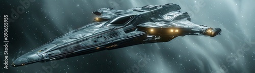 Futuristic spaceship soaring through space with glowing lights.