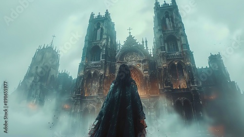 A cloaked figure stands before a large, gothic cathedral, shrouded in mist.