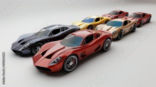 Five sleek, colorful toy cars lined up in a row against a white background.