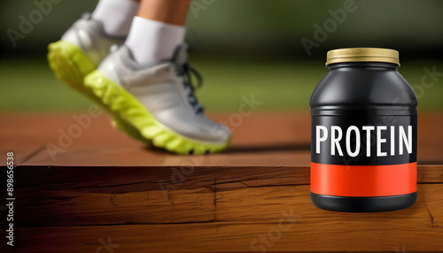 Black protein container with red label and the feet of an athlete ready to run in the background