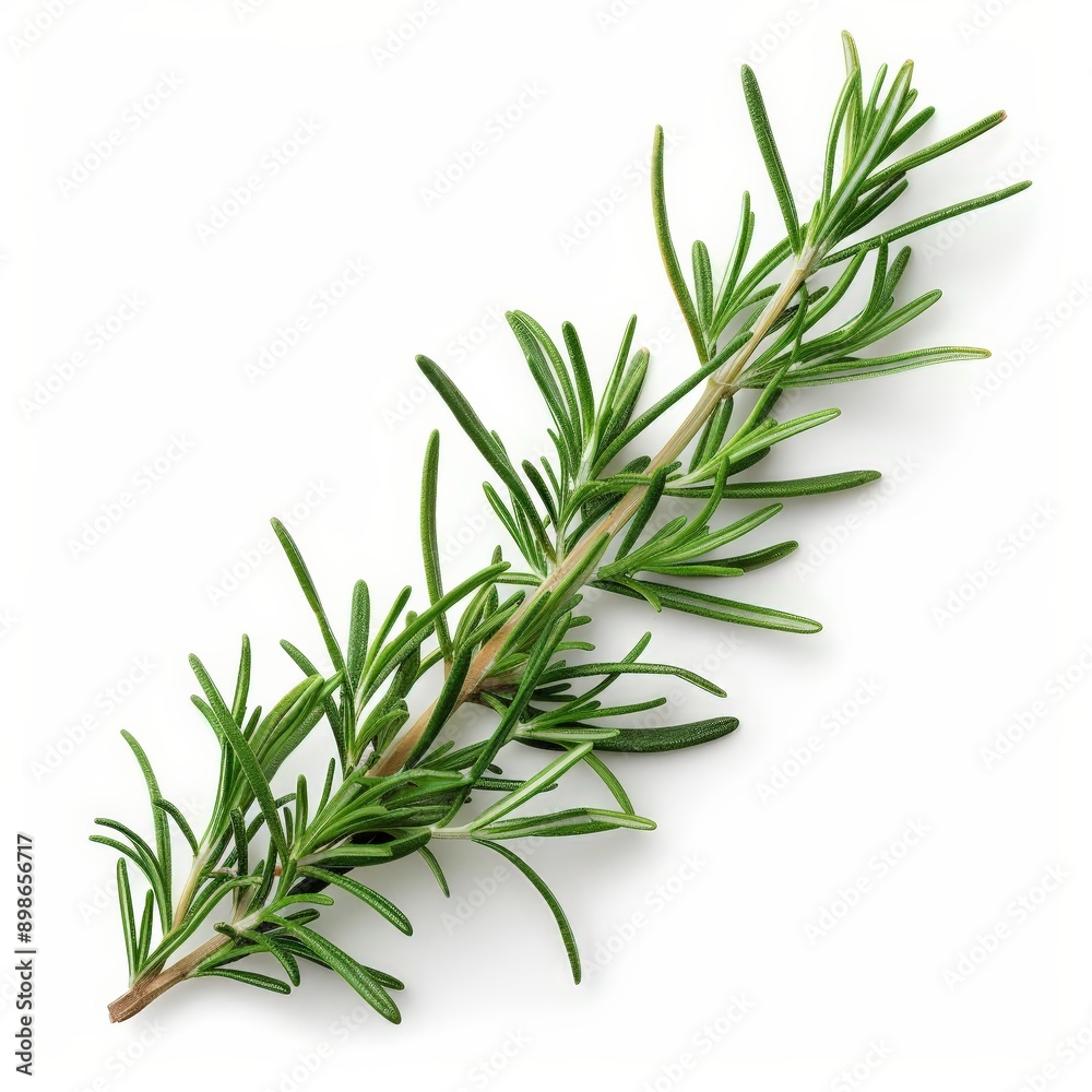 Fototapeta premium Fragrant Rosemary Sprig Close-Up on White Background - Culinary Herb Detail Shot for Aromatic Recipes