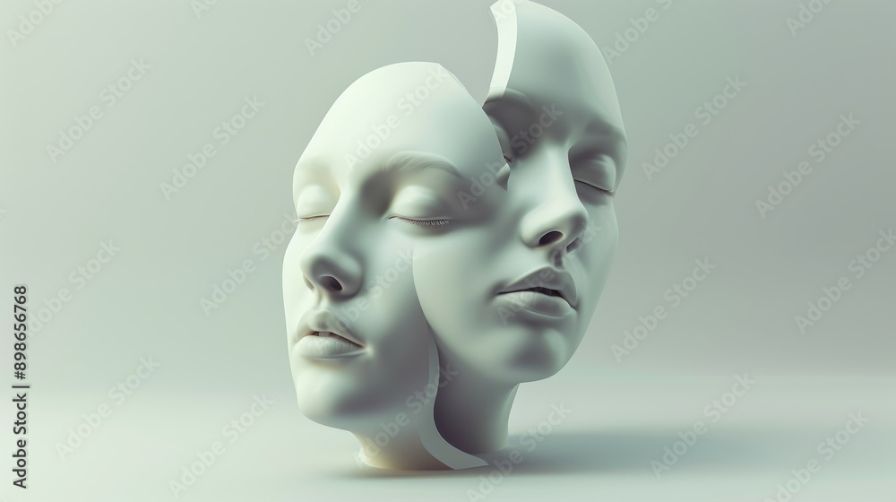 Abstract sculpture of two faces, one with eyes closed, the other open. The faces are fragmented, representing duality and inner conflict. Abstract sculpture of two faces, one with eyes closed, the other open. The faces are fragmented, representing duality and inner conflict.