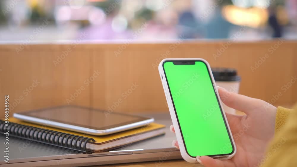 A woman in a cafe holding a smartphone with a green screen, likely browsing or working remotely
