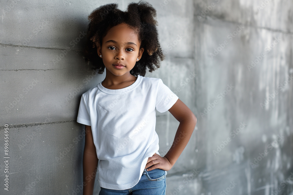 African American girl wearing white t-shirt looking at camera. Blank t-shirt mockup template. African American girl wearing white t-shirt looking at camera. Blank t-shirt mockup template.
