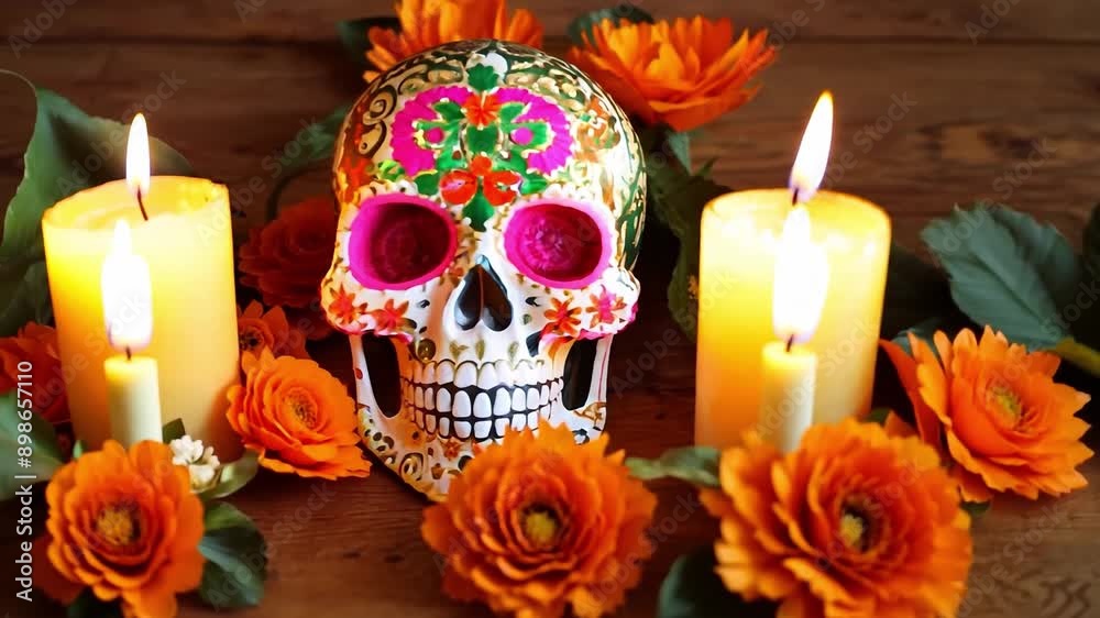 Decorative sugar skull with flowers and candle. Day of the Dead celebration concept for design and print Decorative sugar skull with flowers and candle. Day of the Dead celebration concept for design and print