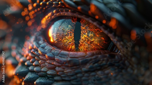 Close up of a dragon eye glowing with intense heat and power, embers flying in the air