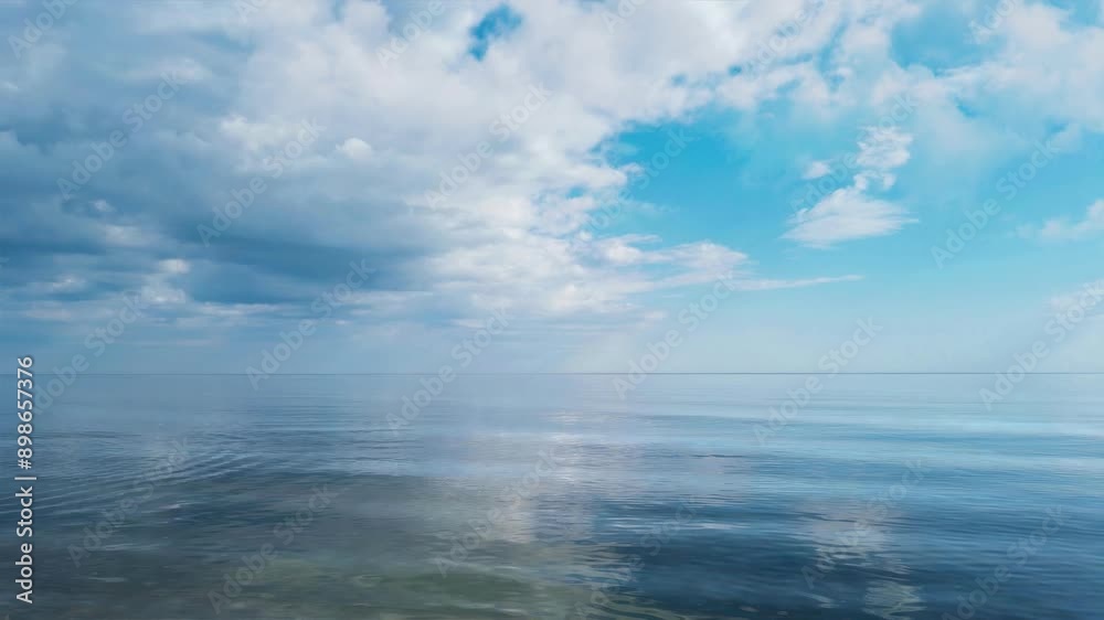 Serene seascape of dramatic sky with scenic fluffy clouds reflected in mirror water surface of calm sea at fine summer day. With no people beautiful natural background animation rendered in 4K Serene seascape of dramatic sky with scenic fluffy clouds reflected in mirror water surface of calm sea at fine summer day. With no people beautiful natural background animation rendered in 4K