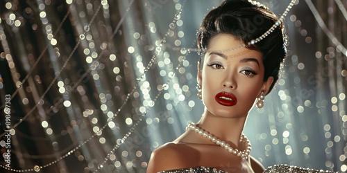Old Hollywood Glamour: A beautiful pin-up model in a classic Hollywood dress and pearl necklace, posing in front of a silver sequined curtain.