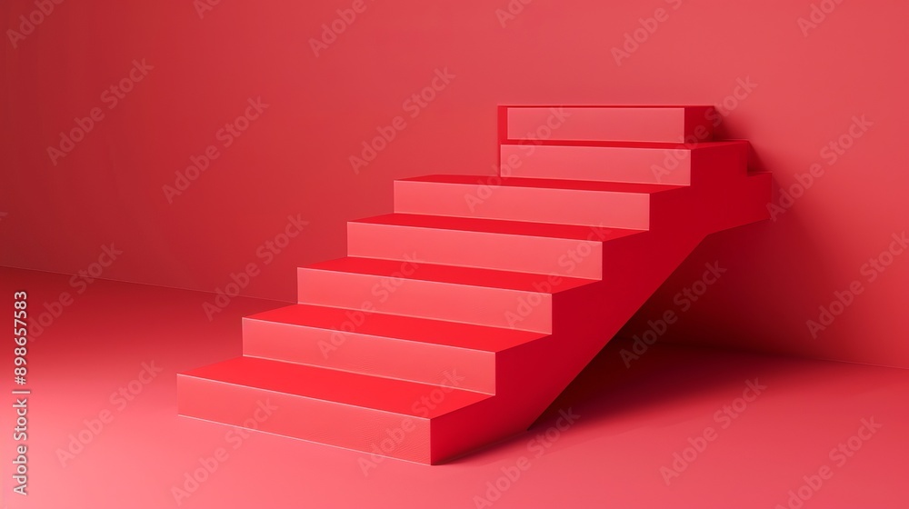 Red staircase leading upwards against a red background. Minimalist 3D rendering. Red staircase leading upwards against a red background. Minimalist 3D rendering.