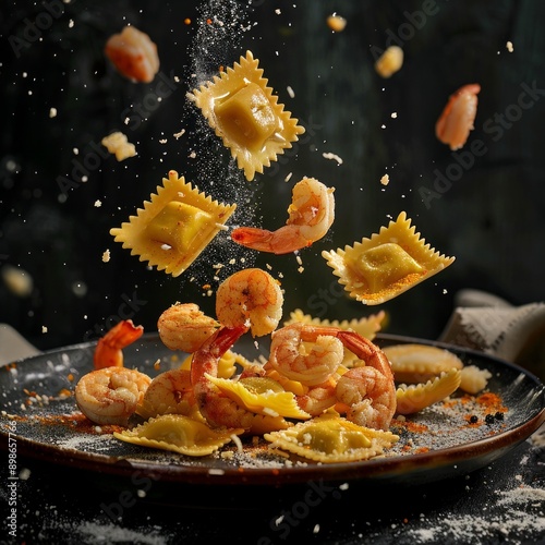 Dynamic food photography featuring flying ravioli and shrimp during cooking. The vibrant ingredients and motion make it perfect for food blogs and culinary websites. AI