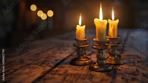 Three lit candles in antique candle holders on rustic wooden table, creating a warm and inviting ambiance.