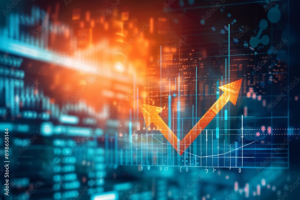 A digital image of an abstract financial chart with an upward-pointing orange arrow on a blue background. A digital image of an abstract financial chart with an upward-pointing orange arrow on a blue background.