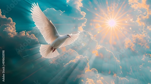 A serene white dove soars gracefully through a vibrant sky illuminated by radiant sunlight and soft, fluffy clouds, symbolizing peace and freedom. 