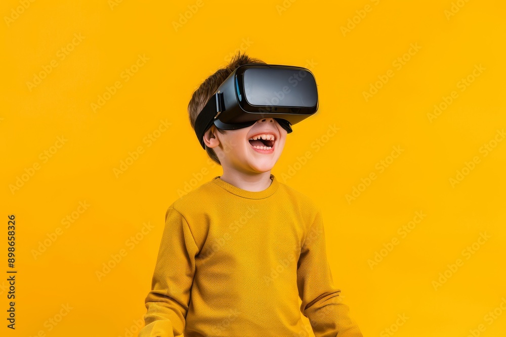 A young boy wearing a virtual reality headset gazes upwards with a wide, excited grin. The bright yellow background creates a cheerful and energetic atmosphere.