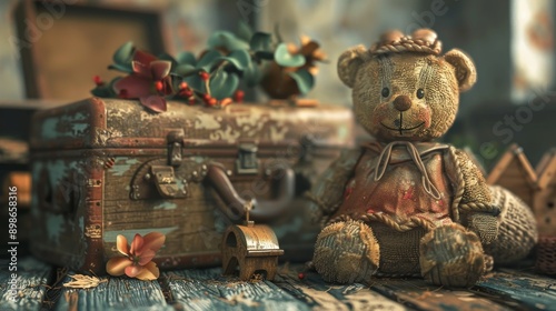 Vintage teddy bear sits beside an antique treasure chest and other forgotten trinkets. photo