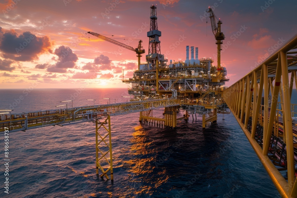 A large offshore oil platform stands tall in the ocean during a vibrant sunset. A large offshore oil platform stands tall in the ocean during a vibrant sunset.