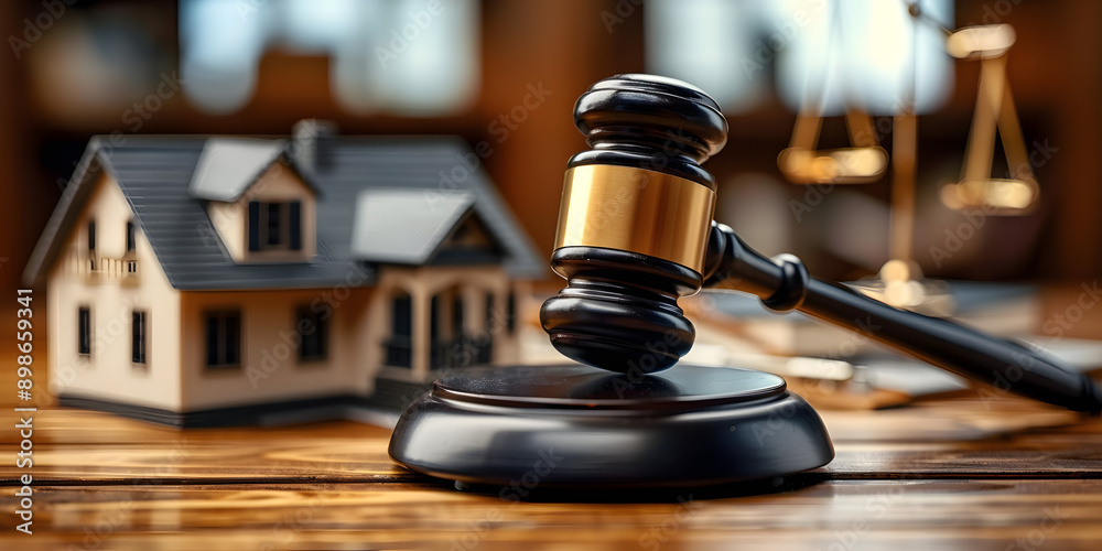 Real Estate Proceedings: Gavel and Miniature Houses in a Dreamlike Setting Real Estate Proceedings: Gavel and Miniature Houses in a Dreamlike Setting