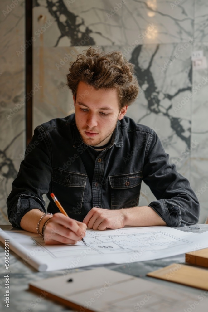 Architect working on blueprint at office. Young man in casual clothes sitting at table and drawing sketch. Architect working on blueprint at office. Young man in casual clothes sitting at table and drawing sketch.