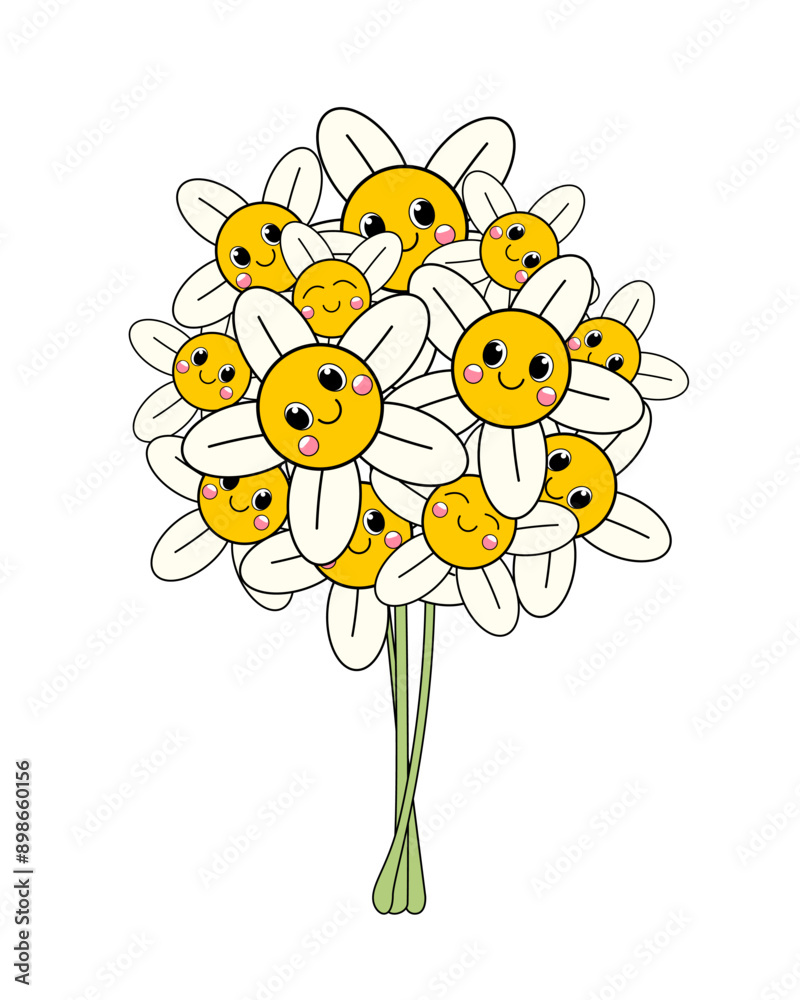 Happy flowers, Bouquet of smiling flowers. Cartoon bouquet of smiling and happy flowers. Joyful daisies. Doodle flowers. Flowers on a white background Happy flowers, Bouquet of smiling flowers. Cartoon bouquet of smiling and happy flowers. Joyful daisies. Doodle flowers. Flowers on a white background