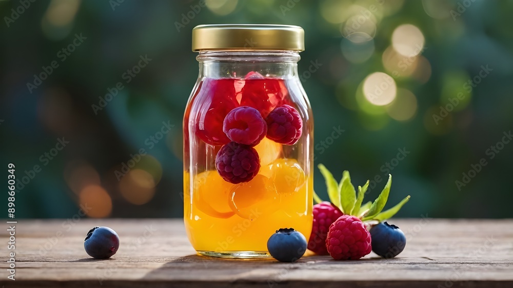 glass jar with fruit and berries glass jar with fruit and berries