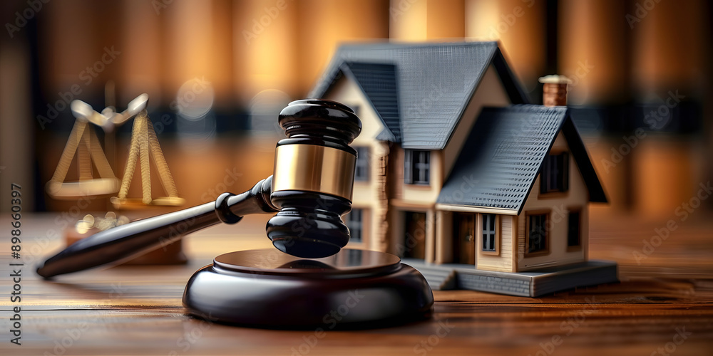 Real Estate Proceedings: Gavel and Miniature Houses in a Dreamlike Setting