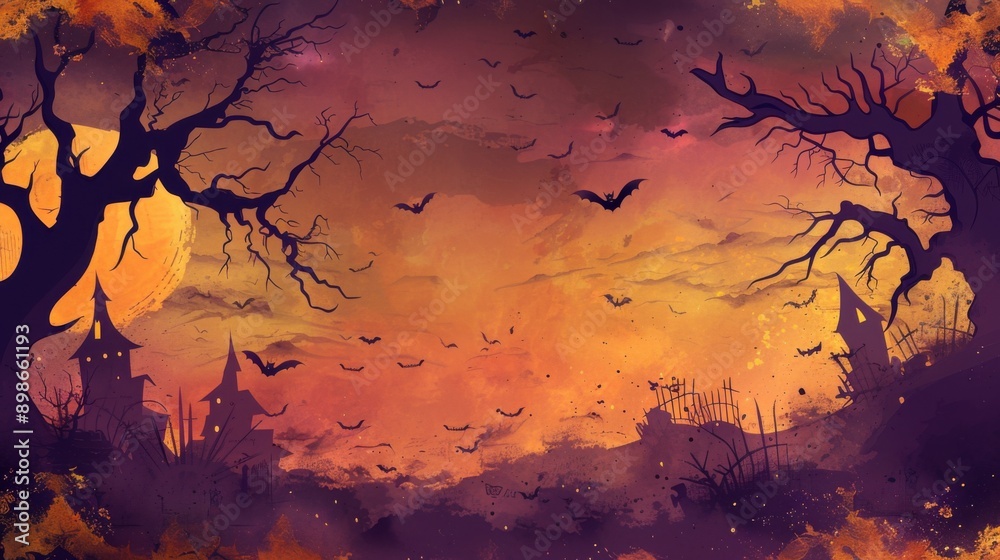 Halloween postcard. A spooky forest sunset with a haunted evil glowing pumpkin on a red background. Horizontal banner. Free space for text. Illustration for web, party invitation, poster, web Halloween postcard. A spooky forest sunset with a haunted evil glowing pumpkin on a red background. Horizontal banner. Free space for text. Illustration for web, party invitation, poster, web