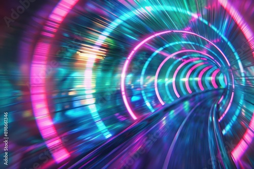 abstract futuristic tunnel with swirling neon lights in pink blue and green highspeed motion blur creates a sense of rapid data transfer and technological advancement