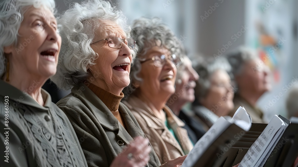 A joyful group of older women singing together in a choir, showcasing their happiness and camaraderie. A joyful group of older women singing together in a choir, showcasing their happiness and camaraderie.