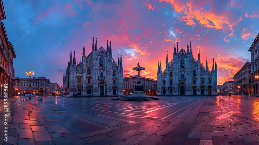 Obraz premium A stunning panoramic view of Milan's historic Piazza del Duomo at sunrise, showcasing Gothic architecture illuminated by vibrant colors in the sky. 