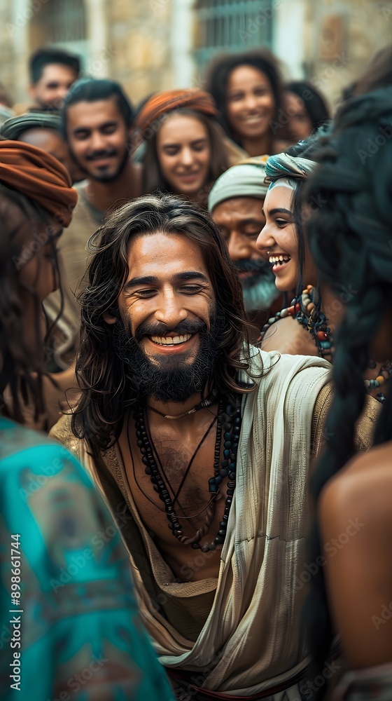 A joyful gathering of diverse individuals in traditional attire, sharing moments of laughter and connection in an ancient setting.