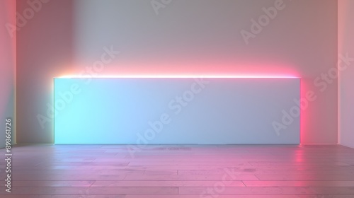 Minimalist interior background with glowing led lights reflecting on wooden floor