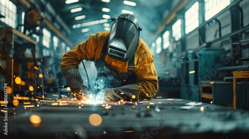 Metalworking Craftsman: Welder at Work in Industrial Workshop © hisilly