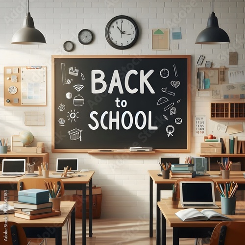 a classroom with a chalkboard that says back to school and the words back to school. back to school student, ai generated image marketing desiging