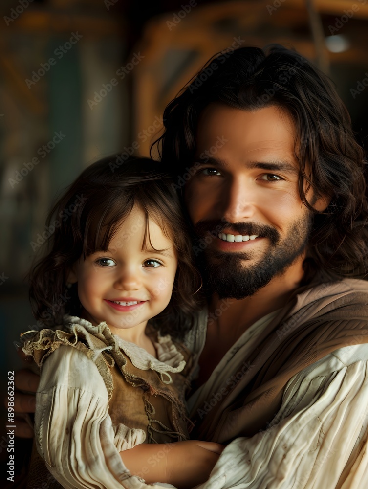 A joyful bearded father holds his smiling daughter close, capturing a heartwarming moment of familial love and connection. 
