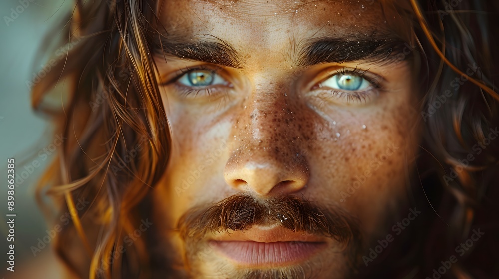 Portrait of a young man with striking blue eyes, freckles, and wavy hair, exuding a natural and relaxed vibe. 