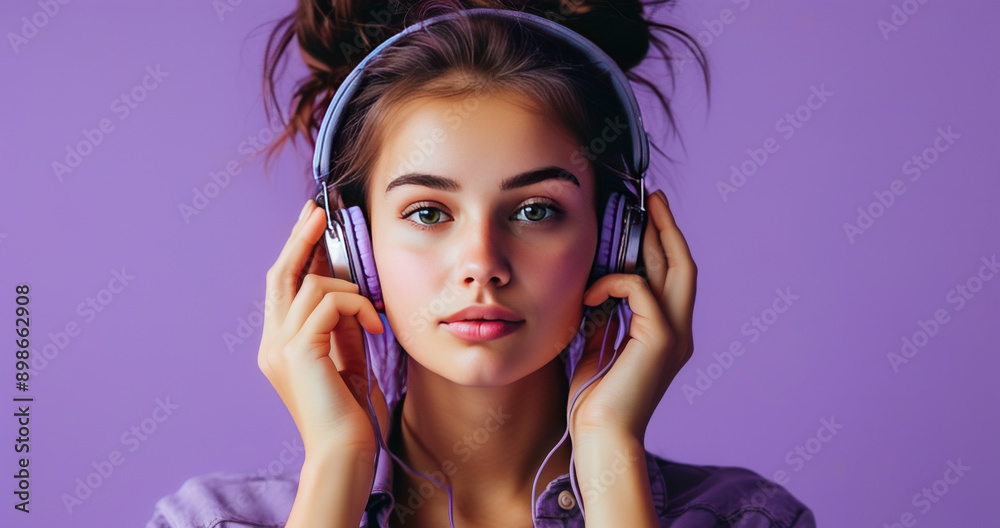 girl wearing purple headphones girl wearing purple headphones