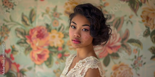 Teen pinup girl wears a beautiful white dress adorned with lace, her hair elegantly styled into soft waves. She poses demurely in front of a chic floral backdrop. photo