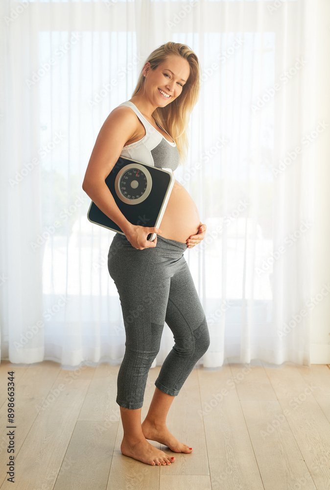 Smile, portrait and pregnant woman with scale for fitness of weight management, check baby growth and health. Happy, female person and abdomen for pregnancy care, monitor wellness goals and house Smile, portrait and pregnant woman with scale for fitness of weight management, check baby growth and health. Happy, female person and abdomen for pregnancy care, monitor wellness goals and house