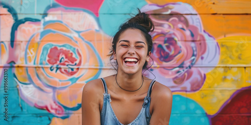 A young, freckled pinup girl laughs heartily, a light-hearted expression on her face. She wears a casual tank top and jeans, standing in front of a colorful mural. Carefree spirited. 