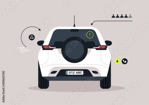 A white electric car with a spare tire mounted on the rear door, indicating its eco-friendly design, The car is shown in a sustainable setting, ready for a journey towards a greener tomorrow