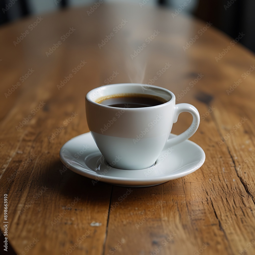 There is a white coffee cup sitting on a wooden table There is a white coffee cup sitting on a wooden table