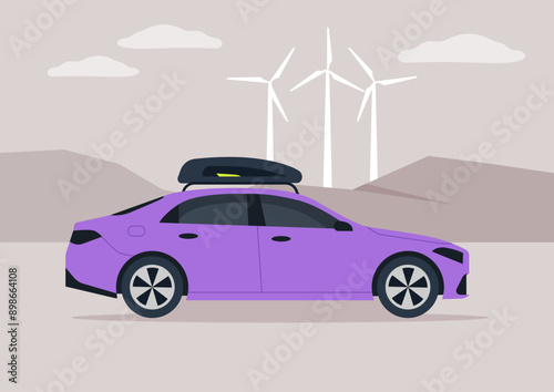 A road trip, A vibrant purple sedan with a roof carrier cruises past majestic windmills against a backdrop of gentle hills under a soft cloudy sky