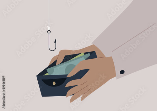 The need for caution in protecting finances from fraudulent schemes, a pair of hands holds an open wallet brimming with cash, a fish hook hovering above, poised to snatch the money away
