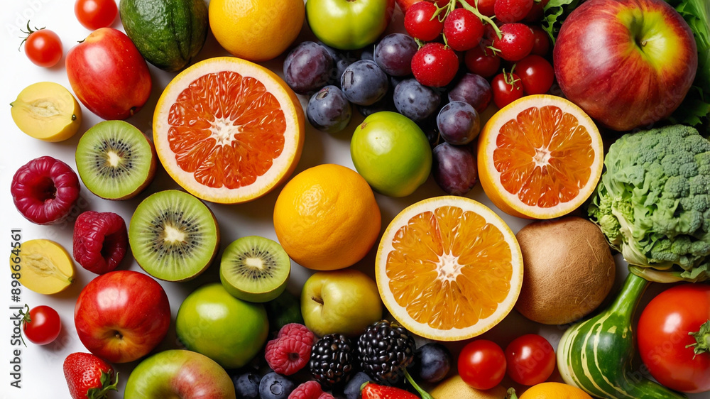 Assortment of fruits and vegetables on a white background. Various colors of healthy and nutritious fresh food. AI-Generated Assortment of fruits and vegetables on a white background. Various colors of healthy and nutritious fresh food. AI-Generated