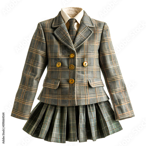 Stylish plaid school uniform featuring a blazer and pleated skirt isolated on transparency PNG background, perfect for a chic, classic, and professional look. photo