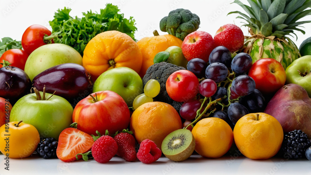 Assortment of fruits and vegetables on a white background. Various colors of healthy and nutritious fresh food. AI-Generated Assortment of fruits and vegetables on a white background. Various colors of healthy and nutritious fresh food. AI-Generated