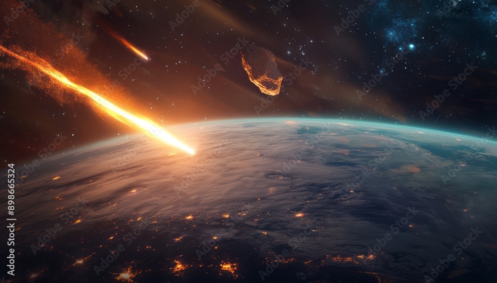 Obraz premium Fiery Meteor Streaks Across Earth's Atmosphere During Night
