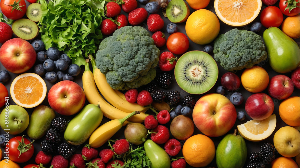 Assortment of fruits and vegetables on a black background. Various colors of healthy and nutritious fresh food. AI-Generated Assortment of fruits and vegetables on a black background. Various colors of healthy and nutritious fresh food. AI-Generated